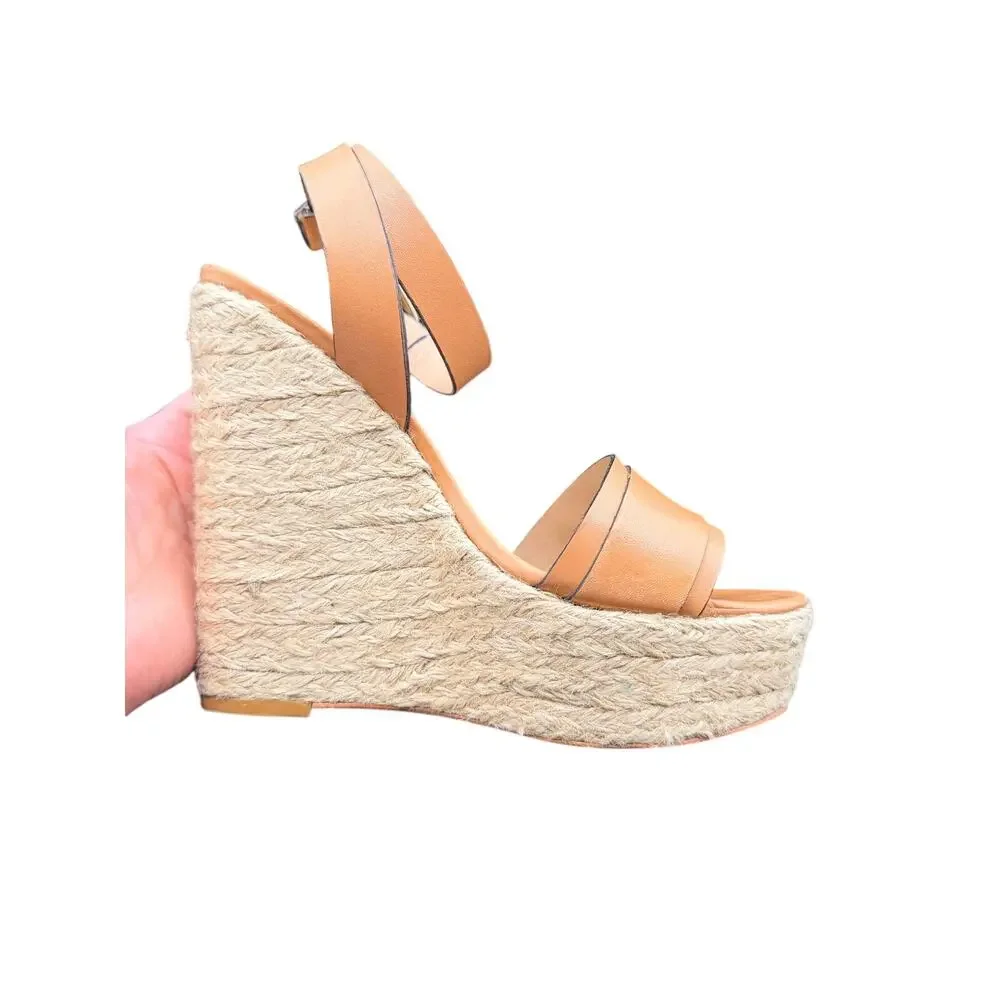 Pour La Victoire Espadrille Wedge Sandals Brown Leather Size 8